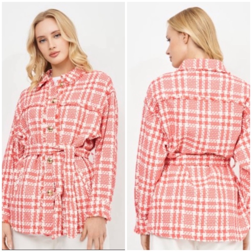 ZARA Tweed Houndstooth Belted‎ Pink Plaid Boucle Jacket XS Preppy Soft Girl